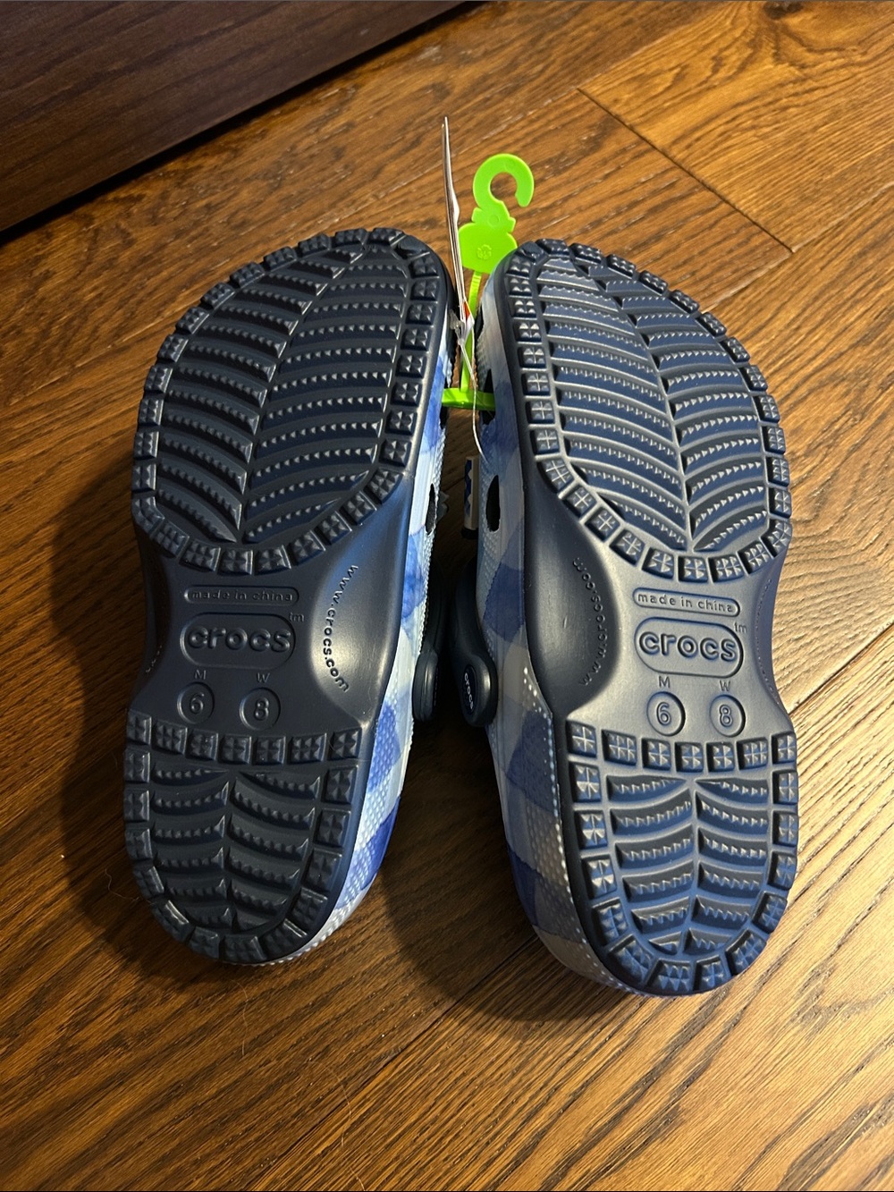 CROCS Women’s Blue Plaid Clogs with Charms - Picture 2 of 5